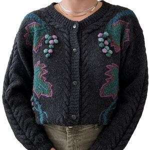 Vintage 1980s Boston Traders Black Wool Chunky Floral Embroidered Cardigan Sz M